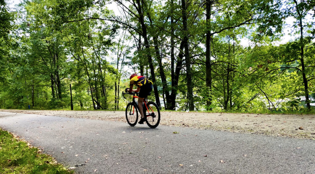 Cyclist on the Dutchess Rail Trail near Hopewell Junction, NY.