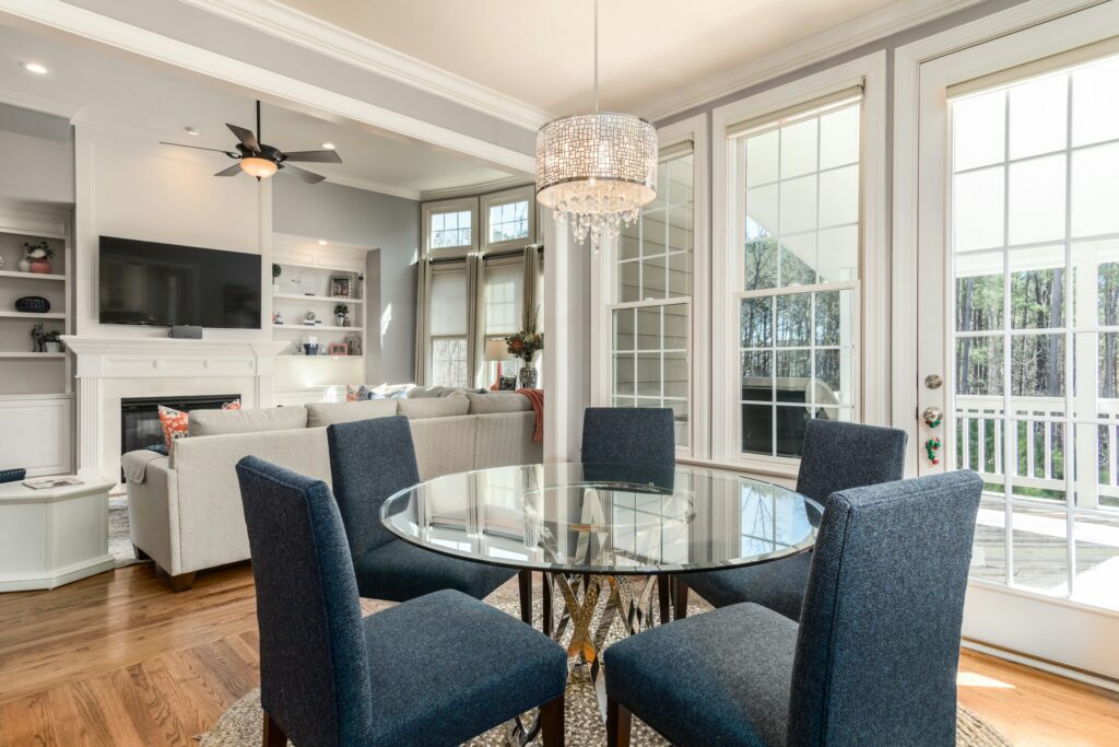 Dining area in a home with modern decor.