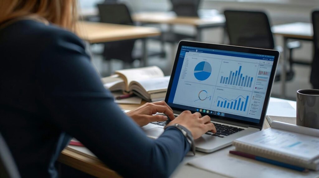 A woman looking at a computer screen analyzing market stats and graphs.